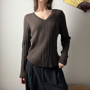 90s vintage brown cotton minimalist v neck cable knit relaxed sweater
